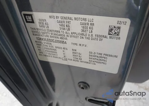 2012 Chevrolet Traverse Ltz z USA, uszkodzony, nr VIN 1GNKVLED2CJ258954